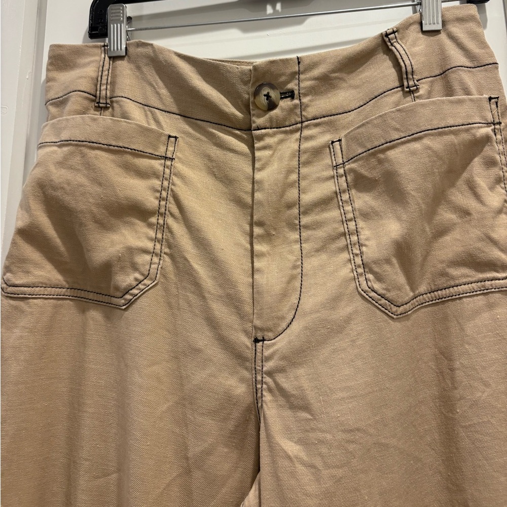 Khaki The Colette Contrast-Stitch Linen Crop Wide-Leg Pants by Maeve 30 - Picture 4 of 7